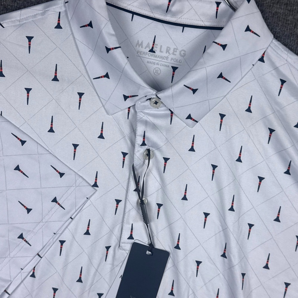NEW Maelreg Polo Shirt Mens XL Performance Check Golf Tee All Over Print AOP NWT